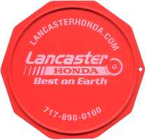 This is a sample of a Custom Imprinted Motorcycle Coaster. This is one we printed for Lancaster Honda.  Check them out at LancasterHonda.com.
